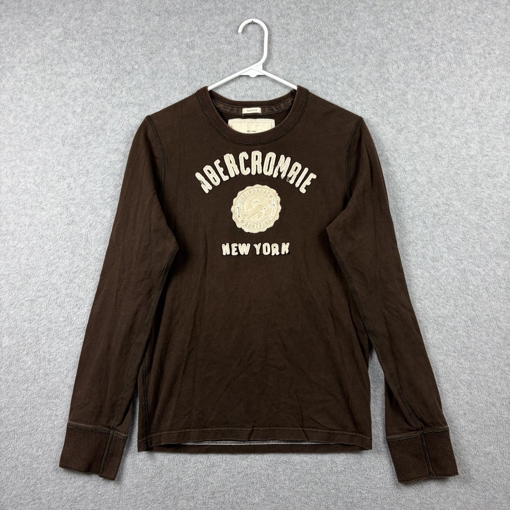Abercrombie & Fitch T Shirt Mens Small Brown Embroidered Muscle Long Sleeve Y2K